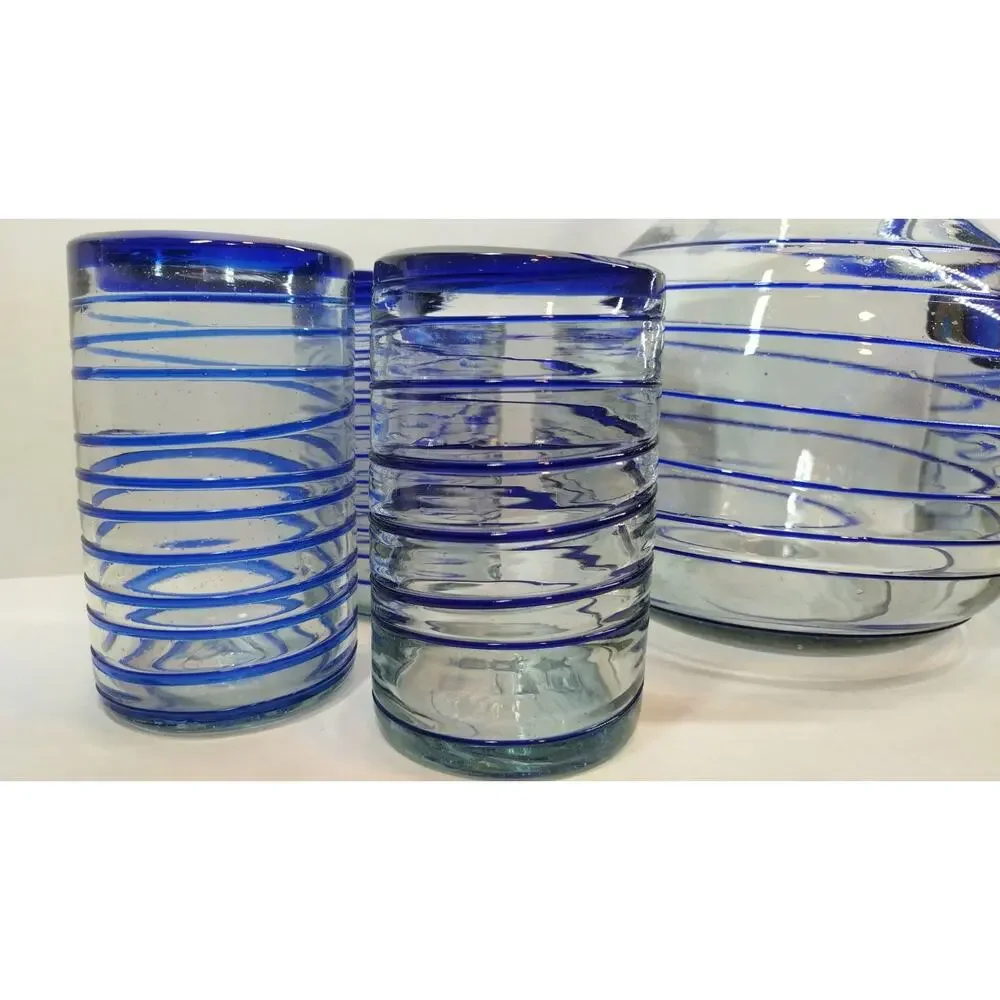 Hand Blown Cobalt & Clear Glass Swirl Pitcher & Glasses 7 Pc Set Made in Mexico
